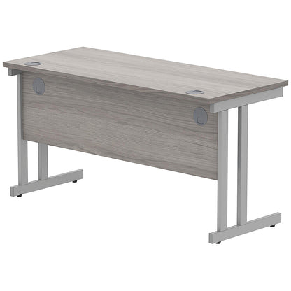 Polaris 1400mm Slim Rectangular Desk, Silver Cantilever Leg, Grey Oak