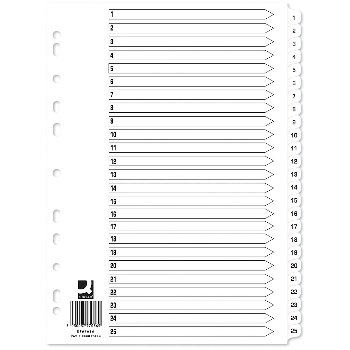 Q-Connect Reinforced Board Index Dividers, 1-25, Clear Tabs, A4, White, Pack of 10
