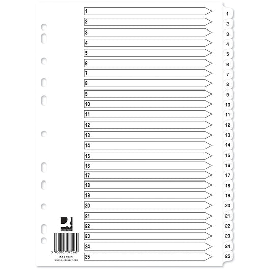 Q-Connect Reinforced Board Index Dividers, 1-25, Clear Tabs, A4, White, Pack of 10