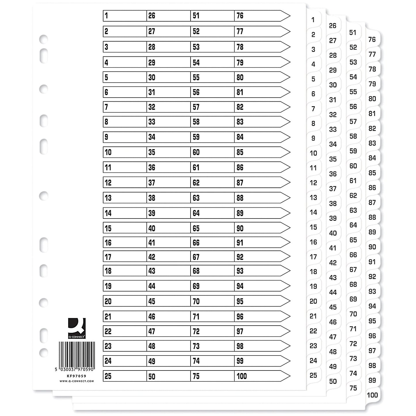 Q-Connect Reinforced Board Index Dividers, 1-100, Clear Tabs, A4, White, Pack of 10
