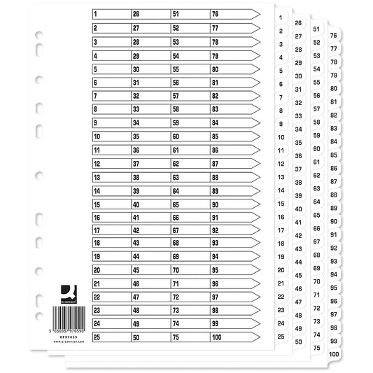 Q-Connect Reinforced Board Index Dividers, 1-100, Clear Tabs, A4, White, Pack of 10