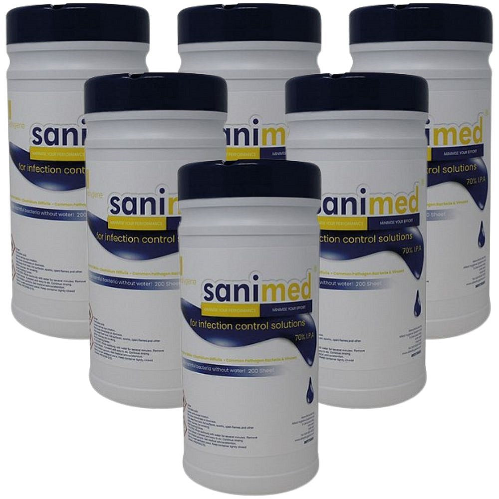Sanimed Alcohol Multi-Surface Wipes, Tub of 200 Sheets (6 Pack)