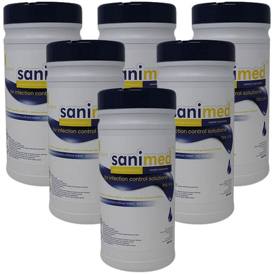 Sanimed Alcohol Multi-Surface Wipes, Tub of 200 Sheets (6 Pack)
