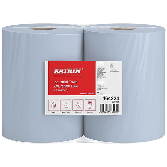 Katrin 3-Ply Classic Industrial Hand Towel Roll, 190m, Blue, Pack of 2
