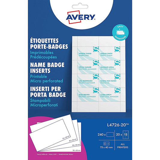 Avery Microperforated Printable Inserts 75mm x 40mm All Printers 240 Labels/20 sheet (Pack 240 Labels) - L4726-20 Easy2Order : L4726-20