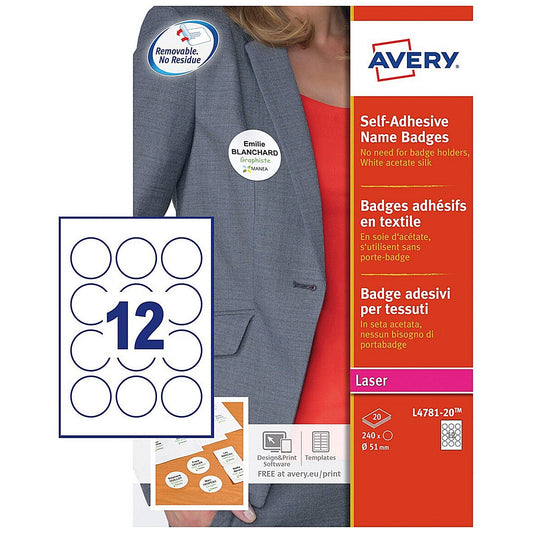 Avery Self-Adhesive Name Badge Circular 51mm Diameter White (Pack 240) L4781-20 Easy2Order : L4781-20