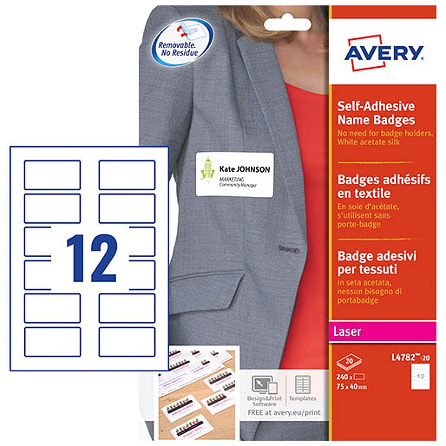 Avery Self Adhesive Name Badges 75mm x 40mm Laser Acetate Silk 240 Labels/20 Sheets (Pack 240 Labels) - L4782-20 Easy2Order : L4782-20