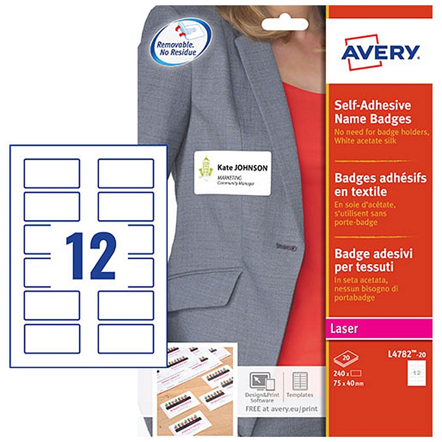 Avery Self Adhesive Name Badges 75mm x 40mm Laser Acetate Silk 240 Labels/20 Sheets (Pack 240 Labels) - L4782-20 Easy2Order : L4782-20