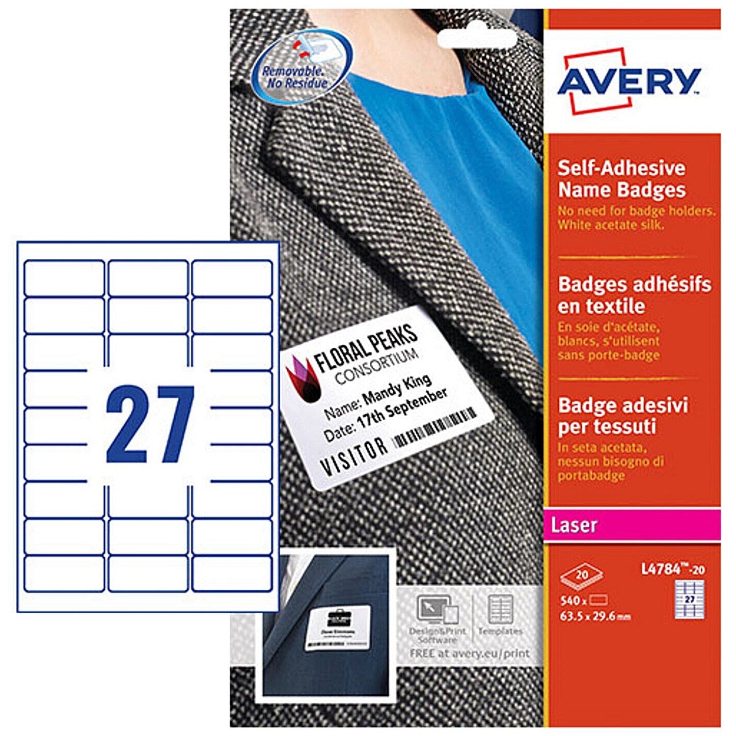 Avery Self-Adhesive Name Badge 63.5x29.6mm White (Pack 540) L4784-20 Easy2Order : L4784-20