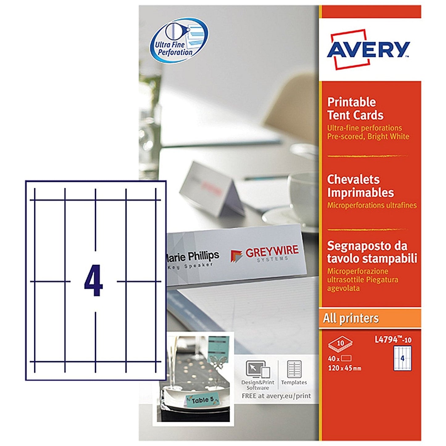 Avery Printable Tent Card 120x45mm 4 Per Sheet 190gsm White (Pack 40) L4794-10 Easy2Order : L4794-10