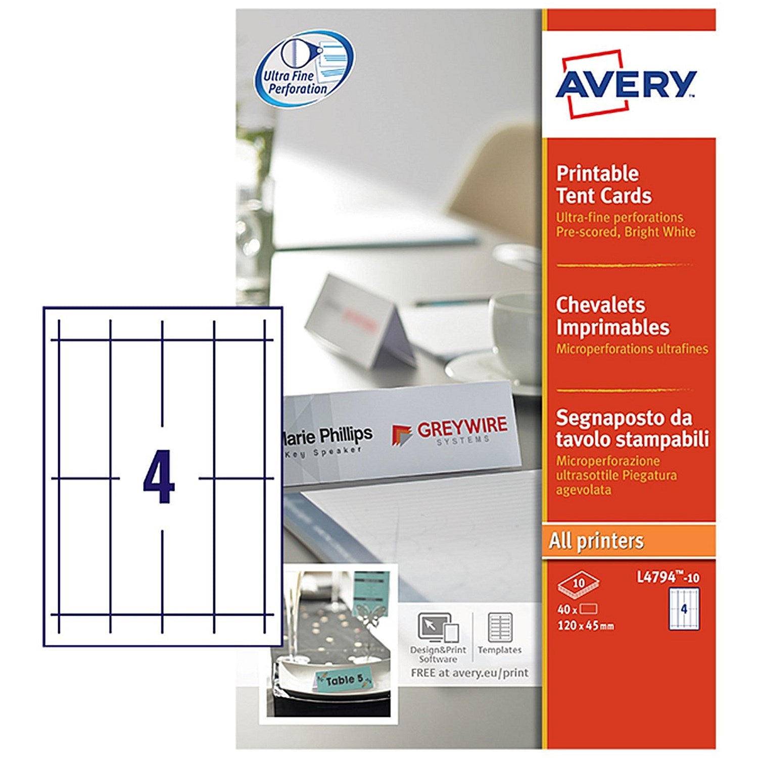 Avery Printable Tent Card 120x45mm 4 Per Sheet 190gsm White (Pack 40) L4794-10 Easy2Order : L4794-10