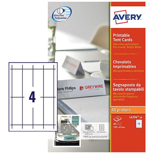 Avery Printable Tent Card 120x45mm 4 Per Sheet 190gsm White (Pack 40) L4794-10 Easy2Order : L4794-10