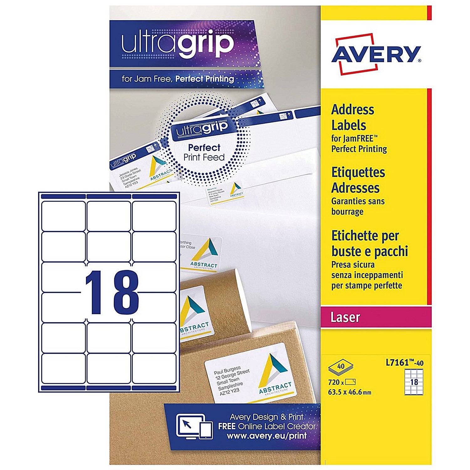 Avery Laser Address Label 63.5x46.6mm 18 Per A4 Sheet White (Pack 720 Labels) L7161-40 Easy2Order : L7161-40