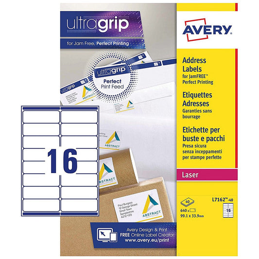 Avery Laser Address Label 99.1x33.9mm 16 Per A4 Sheet White (Pack 640 Labels) L7162-40 Easy2Order : L7162-40