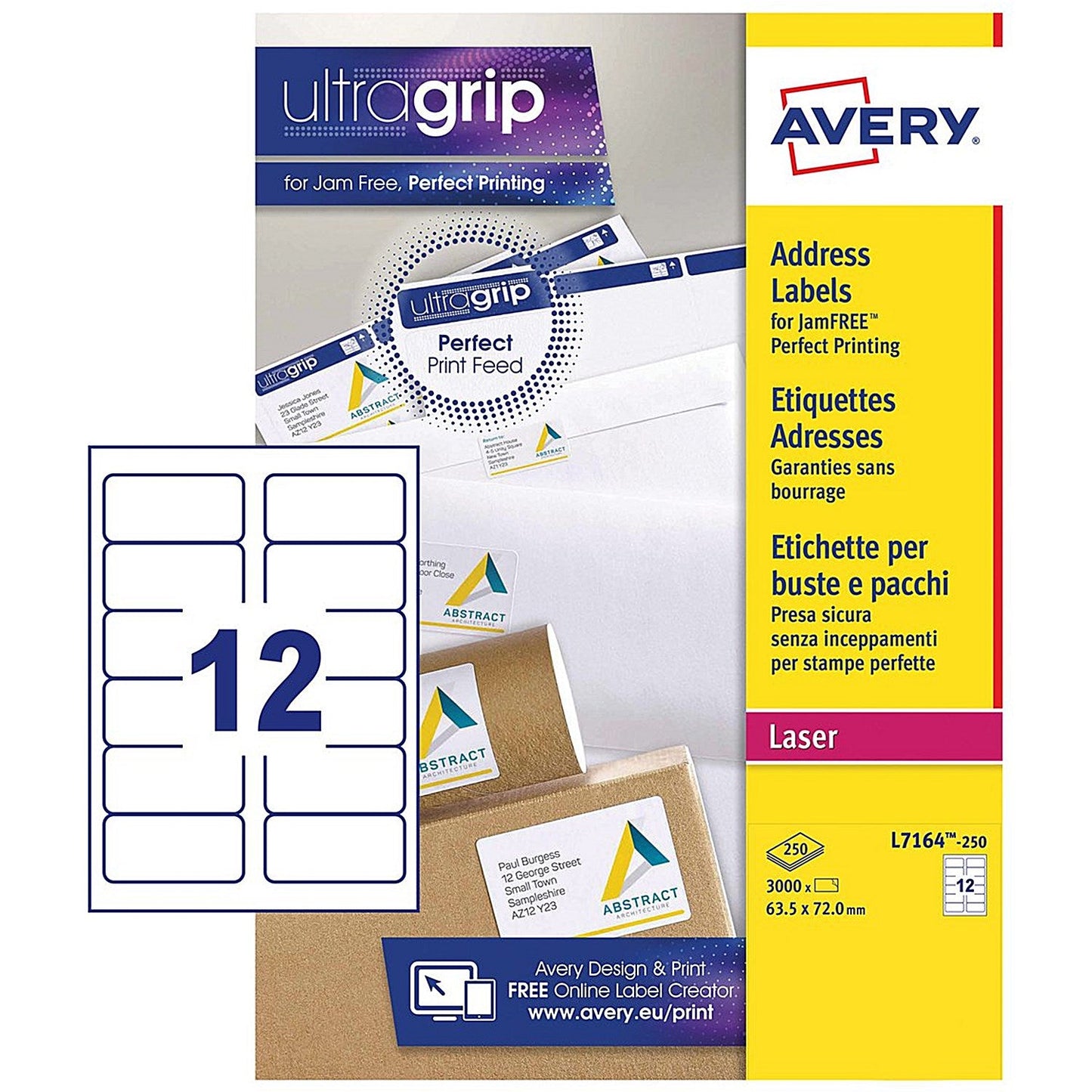 Avery Laser Address Label 63.5x72mm 12 Per A4 Sheet White (Pack 3000 Labels) L7164-250 Easy2Order : L7164-250