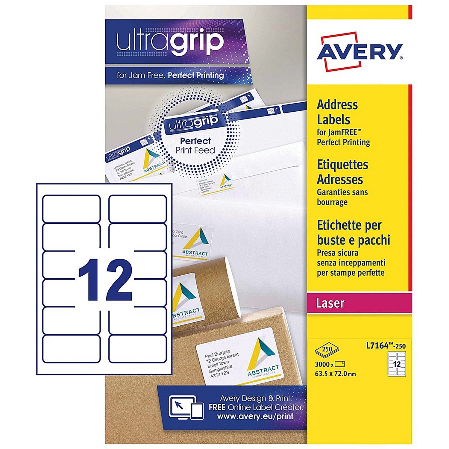 Avery Laser Address Label 63.5x72mm 12 Per A4 Sheet White (Pack 3000 Labels) L7164-250 Easy2Order : L7164-250
