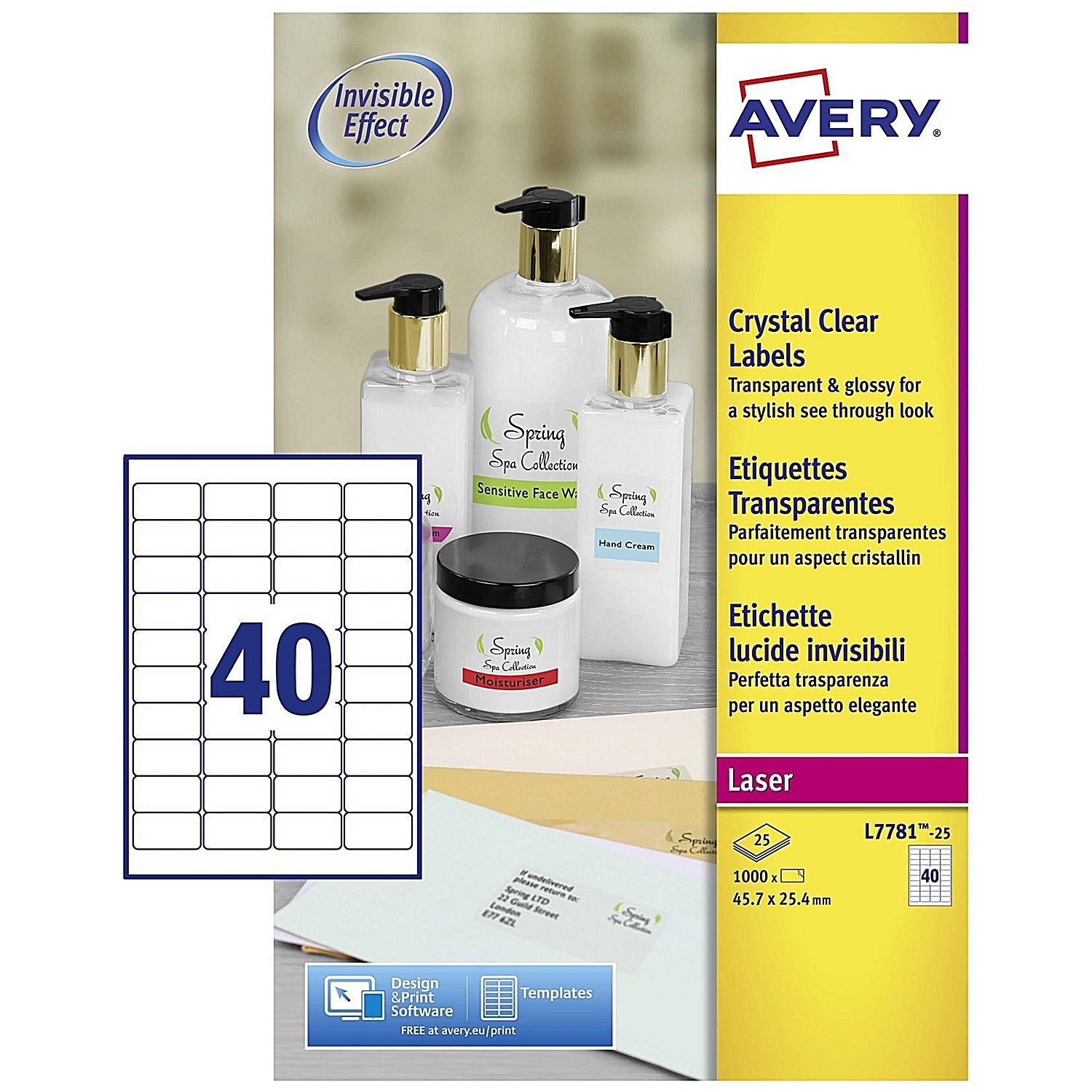 Avery Laser Label 45.7x25.4mm 40 Per A4 Sheet Crystal Clear (Pack 1000 Labels) L7781-25 Easy2Order : L7781-25