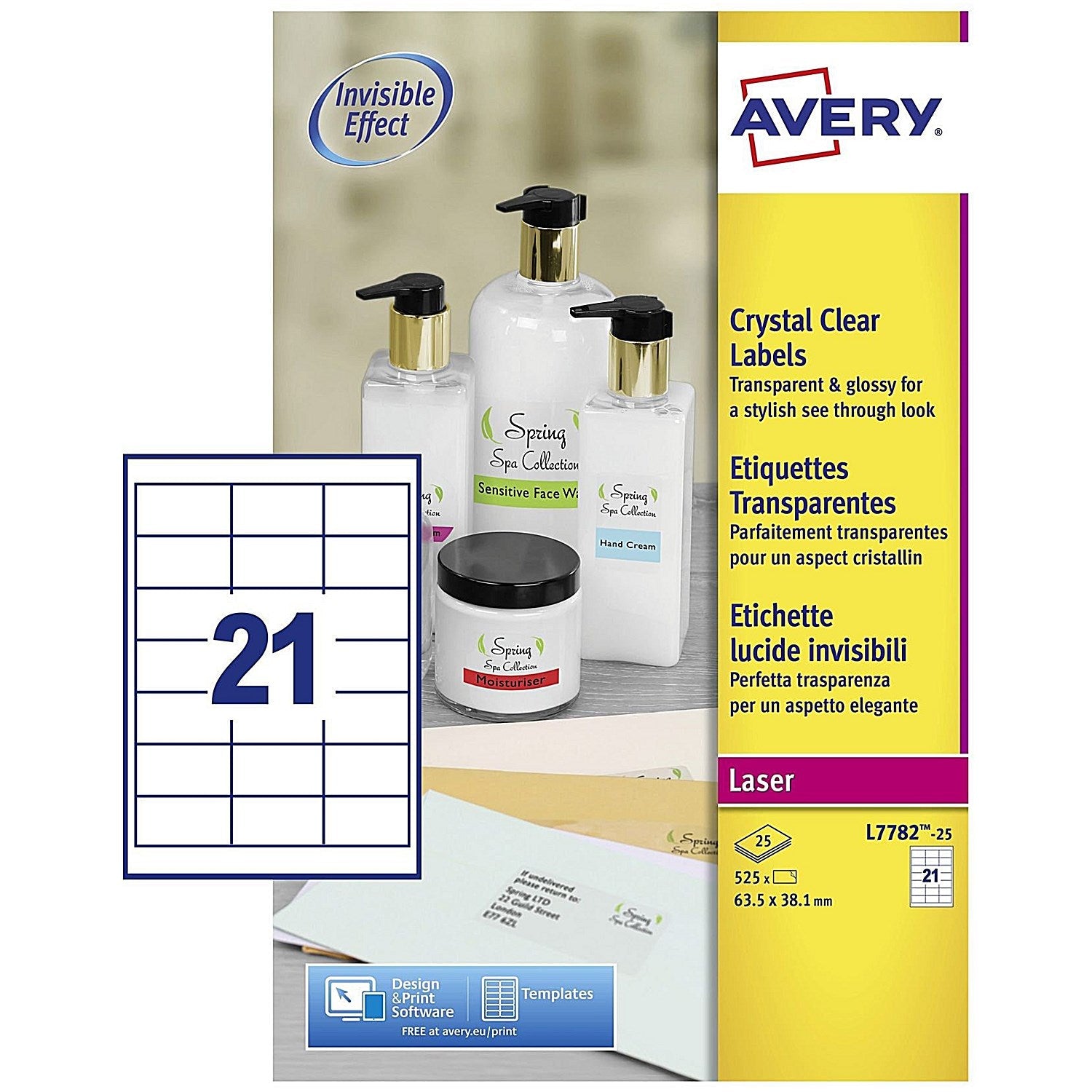 Avery Laser Label 63.5x38.1mm 21 Per A4 Sheet Crystal Clear (Pack 525 Labels) L7782-25 Easy2Order : L7782-25