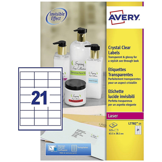 Avery Laser Label 63.5x38.1mm 21 Per A4 Sheet Crystal Clear (Pack 525 Labels) L7782-25 Easy2Order : L7782-25