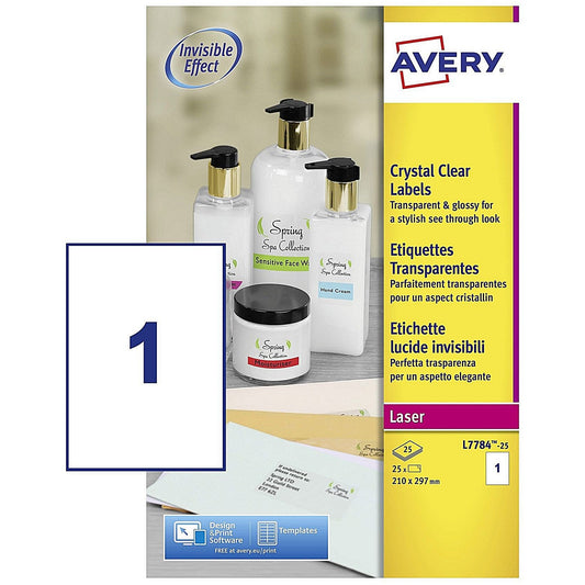 Avery Laser Label 210x297mm 1 Per A4 Sheet Crystal Clear (Pack 25 Labels) L7784-25 Easy2Order : L7784-25