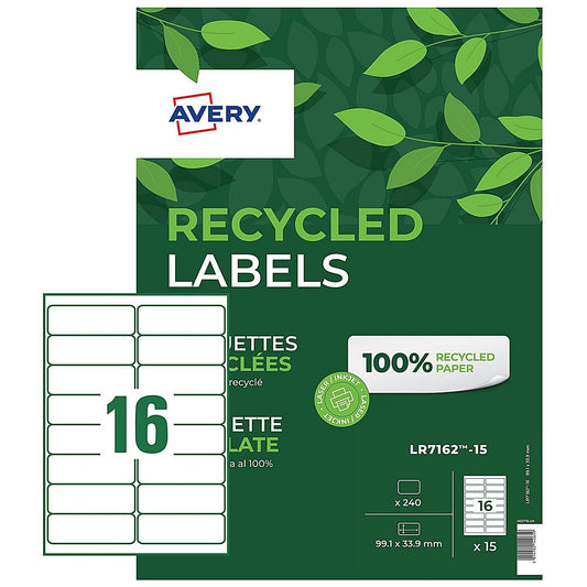 Avery Laser Recycled Address Label 99.1x33.9mm 16 Per A4 Sheet White (Pack 240 Labels) LR7162-15 Easy2Order : LR7162-15