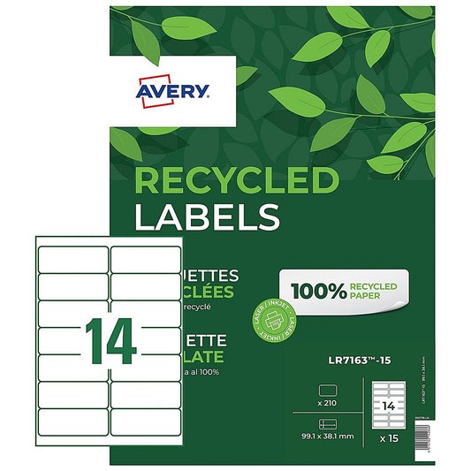 Avery Laser Recycled Address Label 99.1x38.1mm 14 Per A4 Sheet White (Pack 210 Labels) LR7163-15 Easy2Order : LR7163-15