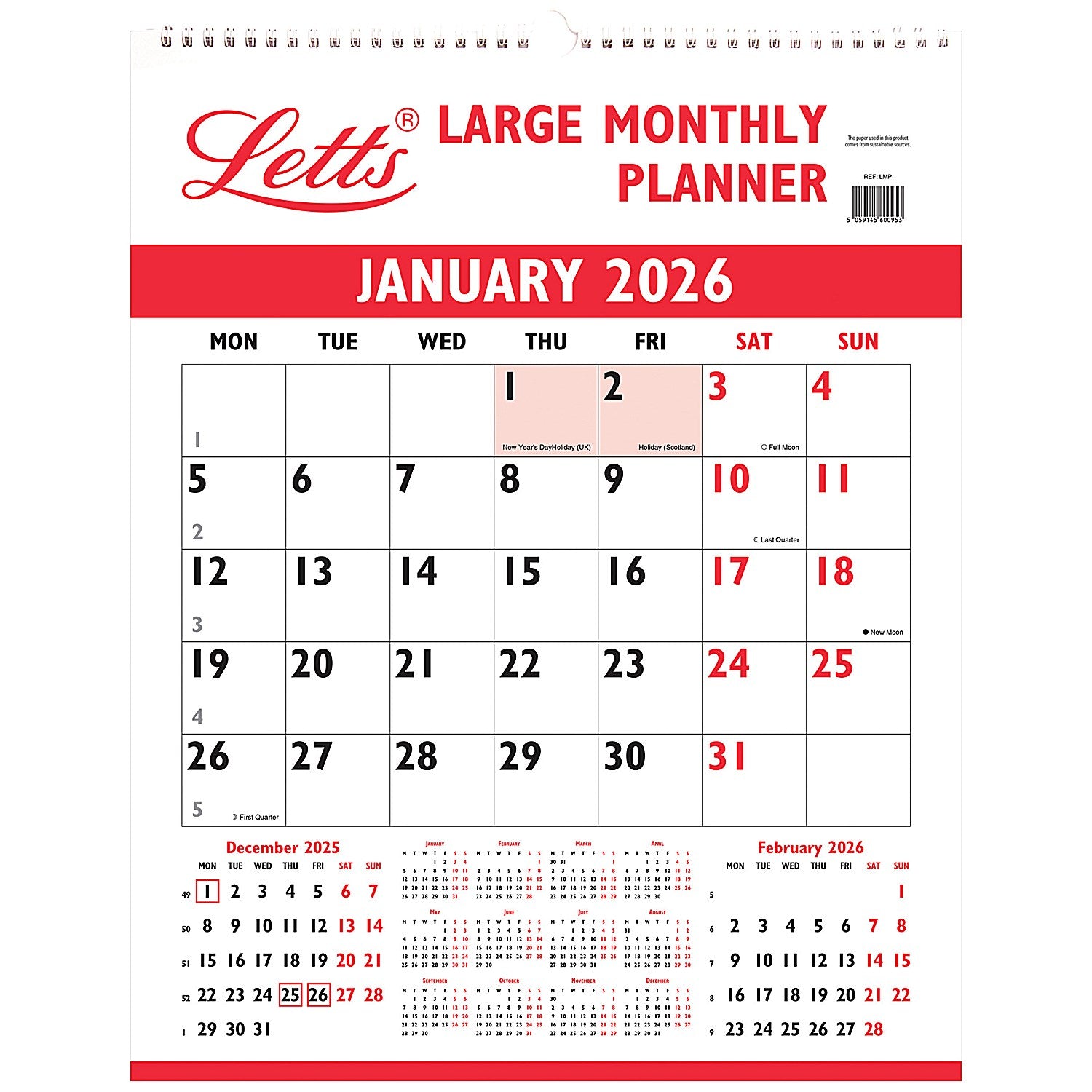 Letts 2026 Large Monthly Planner, 438x345mm Easy2Order : LT60095