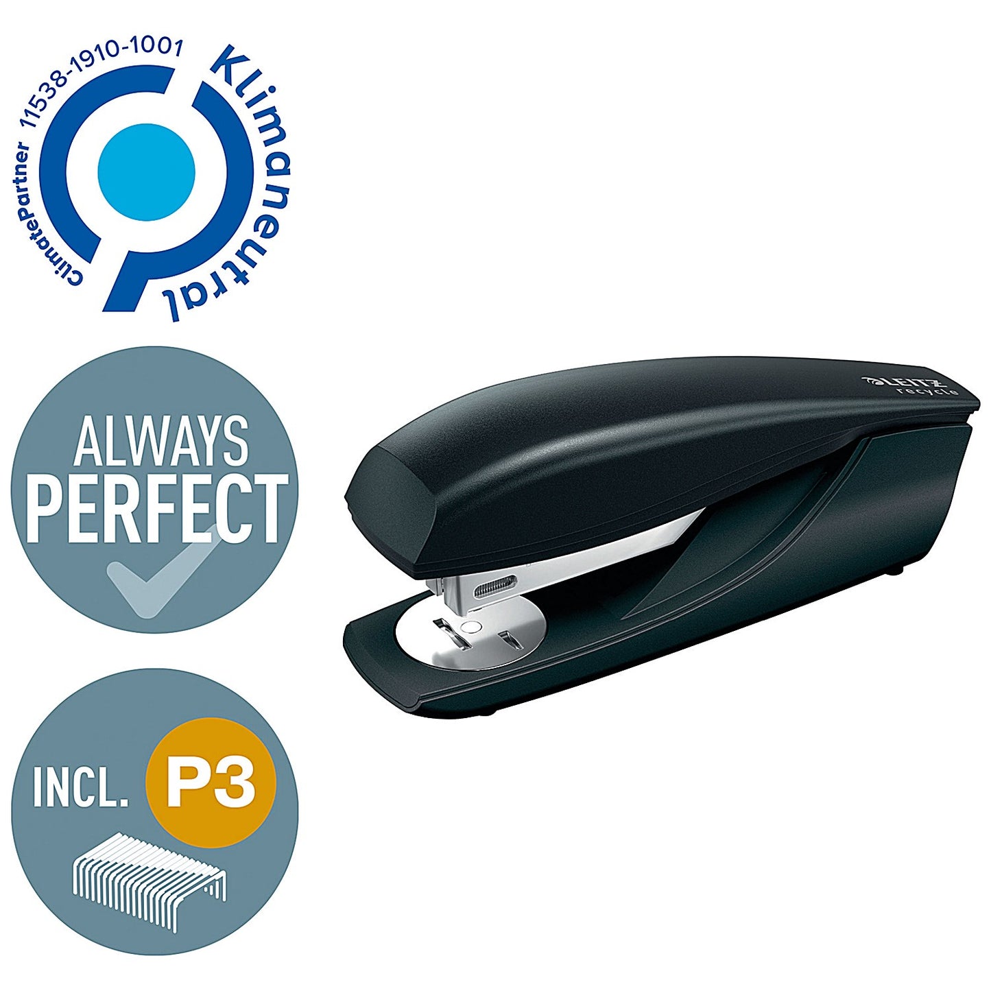 Leitz Stapler NeXXt Recycled Half Strip Stapler, Capacity 30 Sheets, Black