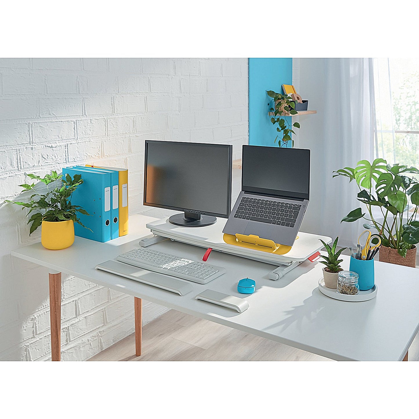 Leitz Ergo Cosy Tabletop Sit Stand Workstation with Sliding Tray, Adjustable Height, White