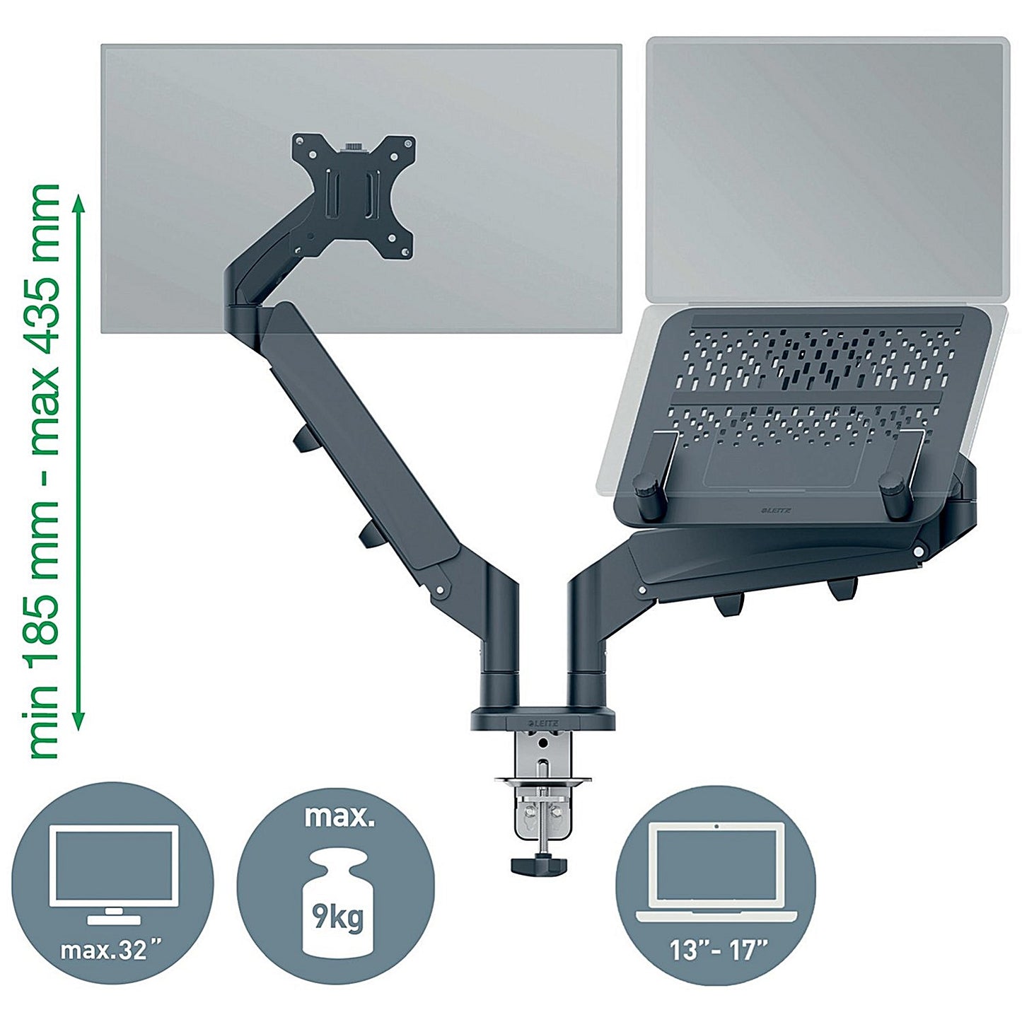 Leitz Ergo Dual Monitor and Laptop Arm, Adjustable Height and Tilt, Dark Grey