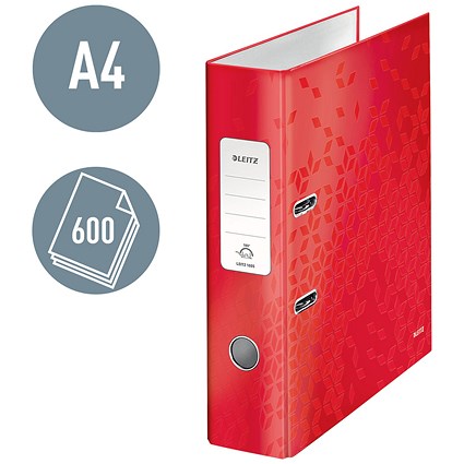 Leitz Wow A4 Lever Arch File, 80mm Spine, Red, Pack of 10