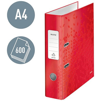 Leitz Wow A4 Lever Arch File, 80mm Spine, Red, Pack of 10