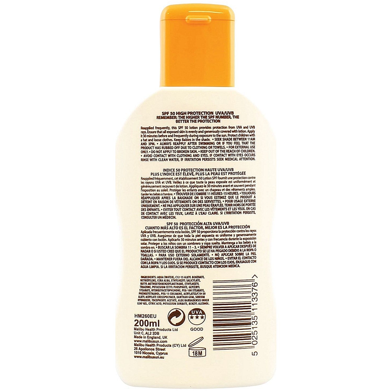 Malibu SPF 50 Sun Lotion 200ml Easy2Order : MBU11337