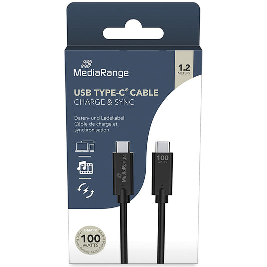 MediaRange USB 3.1 Type C Charge and Sync Cable, 1.2m, Black