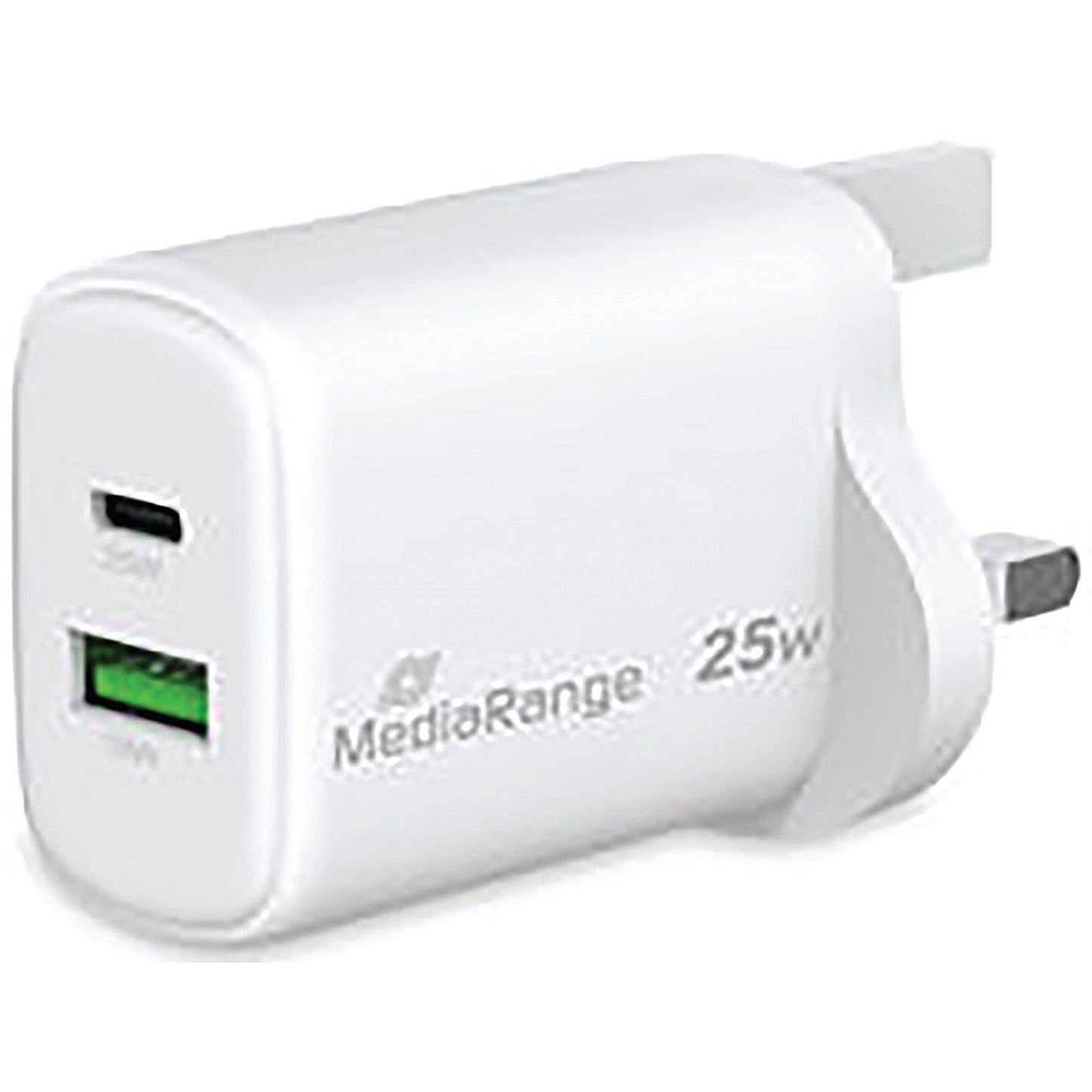 MediaRange GaN Fast Charging Adapter UK Plug, 1xUSB-C and 1xUSB-A, 25W, White