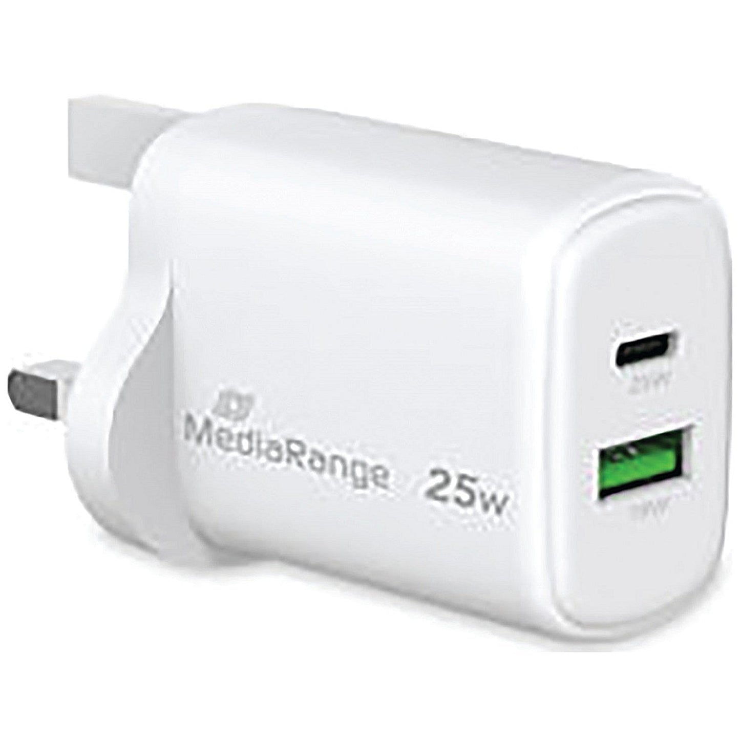 MediaRange GaN Fast Charging Adapter UK Plug, 1xUSB-C and 1xUSB-A, 25W, White