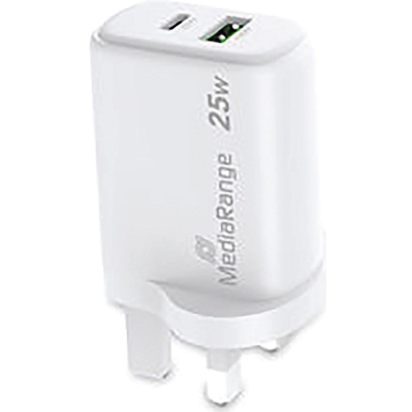 MediaRange GaN Fast Charging Adapter UK Plug, 1xUSB-C and 1xUSB-A, 25W, White