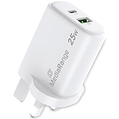 MediaRange GaN Fast Charging Adapter UK Plug, 1xUSB-C and 1xUSB-A, 25W, White Easy2Order : ME87893