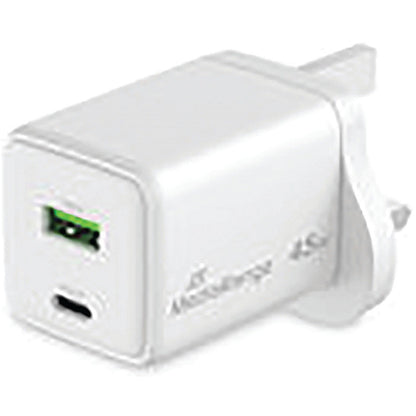 MediaRange GaN Fast Charging Adapter UK Plug, 1xUSB-C and 1xUSB-A, 45W, White