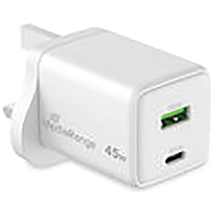 MediaRange GaN Fast Charging Adapter UK Plug, 1xUSB-C and 1xUSB-A, 45W, White