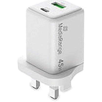 MediaRange GaN Fast Charging Adapter UK Plug, 1xUSB-C and 1xUSB-A, 45W, White Easy2Order : ME87895