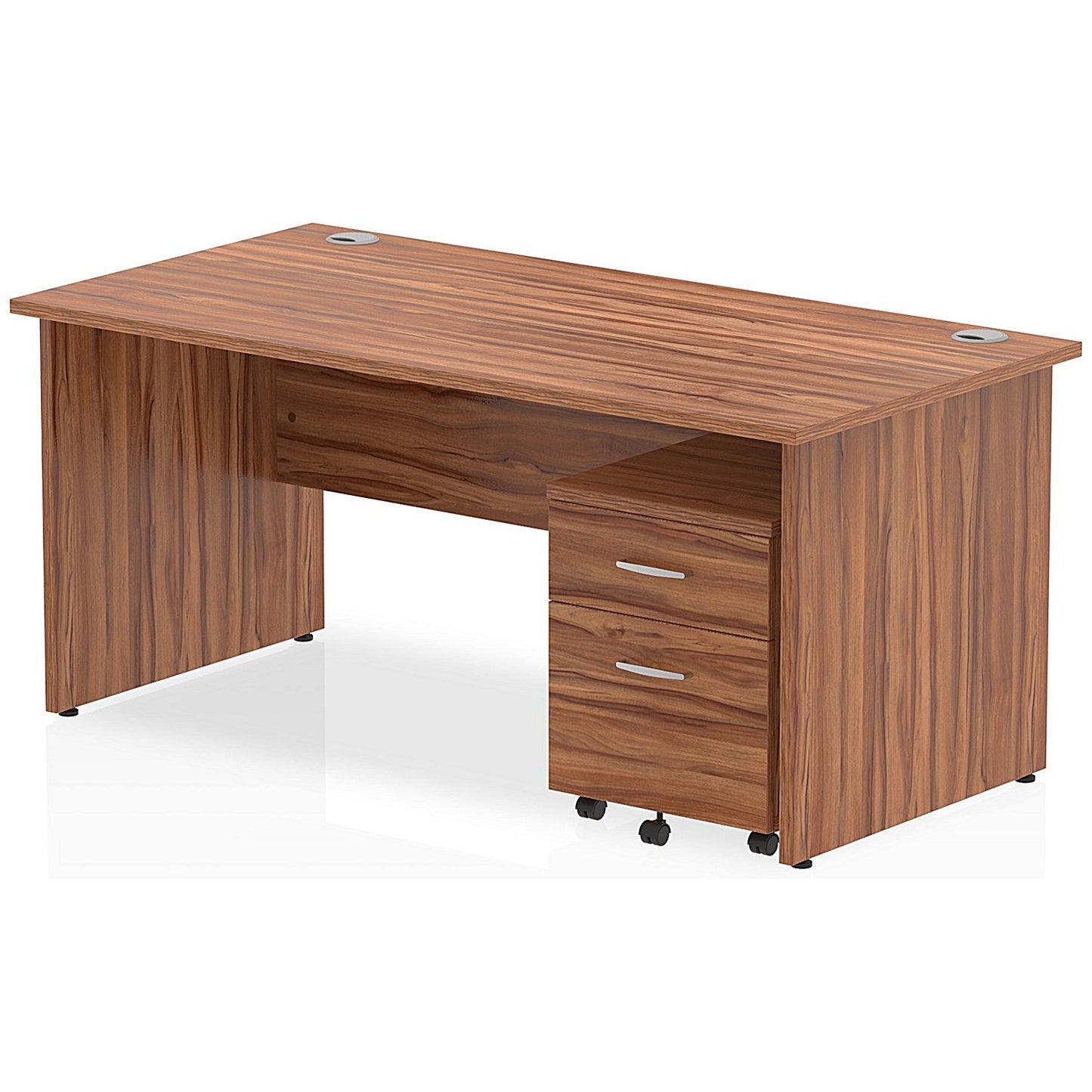 Impulse 1600mm Rectangular Desk, Panel End Leg, 2 Drawer Mobile Pedestal, Walnut Easy2Order : MI000920