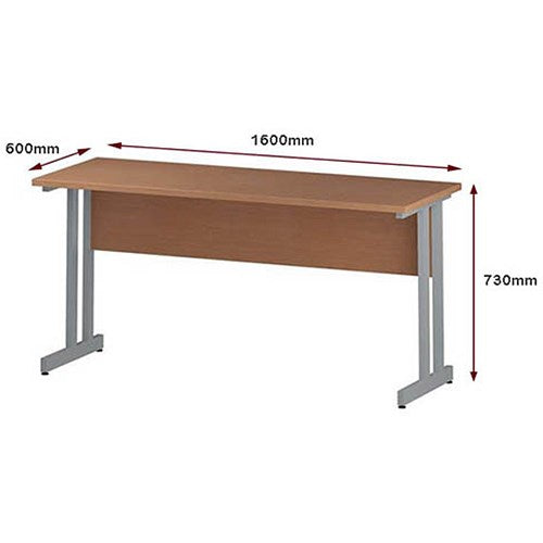 Impulse 1600mm Slim Rectangular Desk, Silver Cantilever Leg, Beech