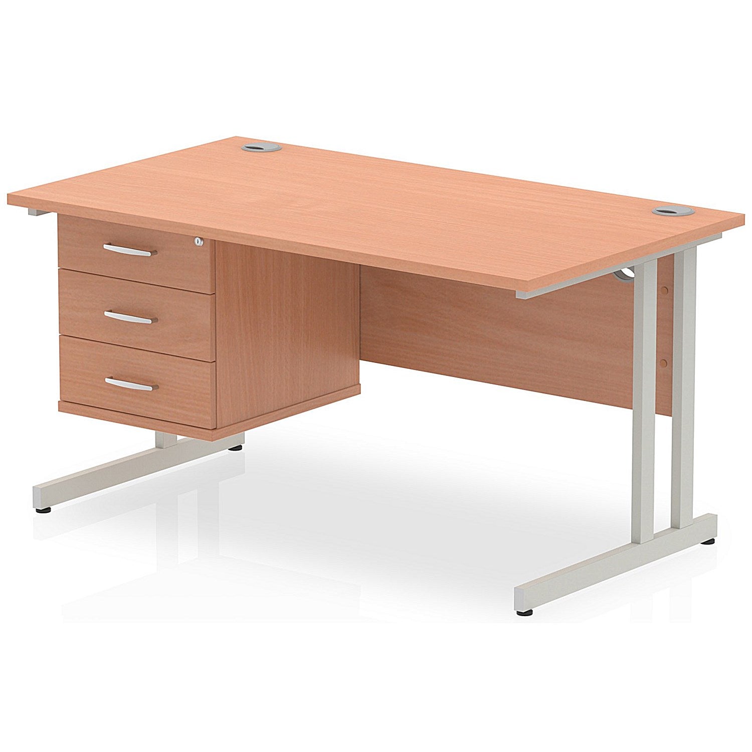 Impulse 1400mm Rectangular Office Desk With Fixed 3 Drawer Pedestal, Silver Cantilever Leg, Beech Easy2Order : MI001697
