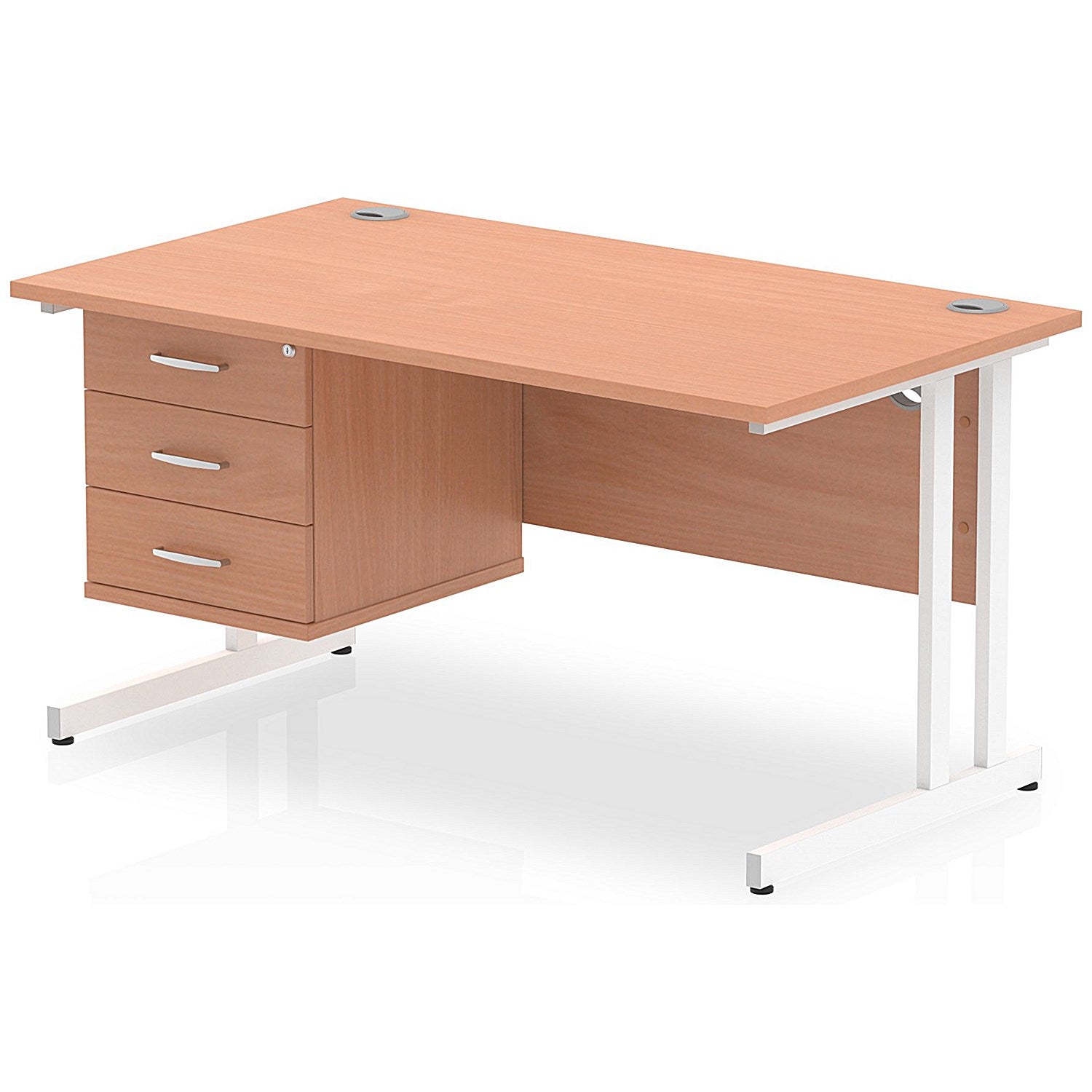 Impulse 1400mm Rectangular Office Desk With Fixed 3 Drawer Pedestal, White Cantilever Leg, Beech Easy2Order : MI001701
