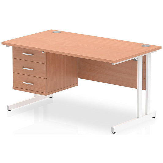 Impulse 1400mm Rectangular Office Desk With Fixed 3 Drawer Pedestal, White Cantilever Leg, Beech Easy2Order : MI001701