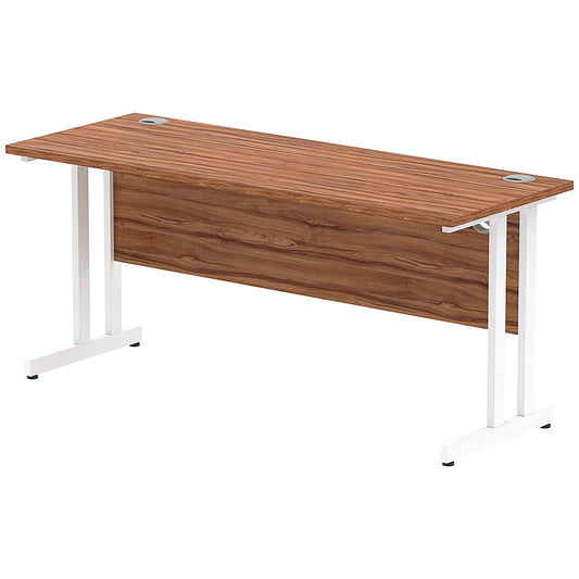 Impulse 1600mm Slim Rectangular Desk, White Cantilever Leg, Walnut