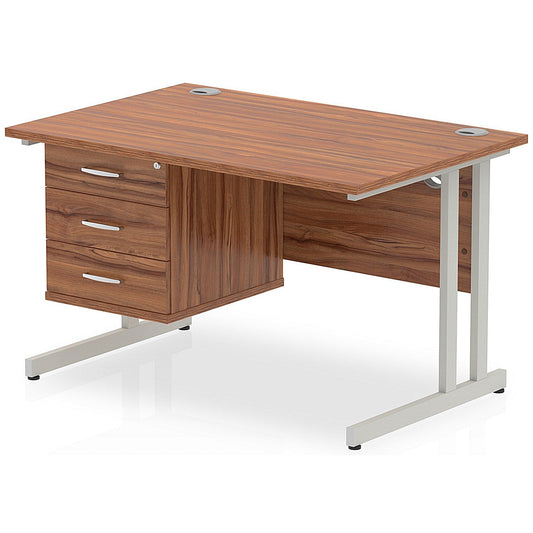 Impulse 1200mm Rectangular Office Desk With Fixed 3 Drawer Pedestal, Silver Cantilever Leg, Walnut Easy2Order : MI001927