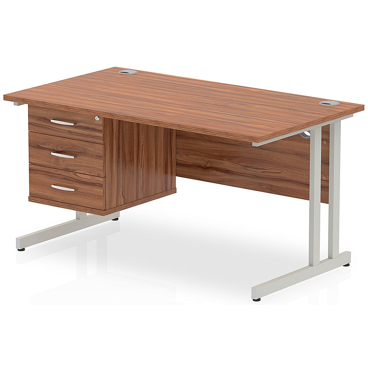 Impulse 1400mm Rectangular Office Desk With Fixed 3 Drawer Pedestal, Silver Cantilever Leg, Walnut Easy2Order : MI001928