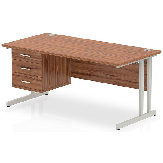 Impulse 1600mm Rectangular Office Desk With Fixed 3 Drawer Pedestal, Silver Cantilever Leg, Walnut Easy2Order : MI001929